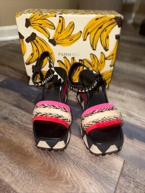 FARM RIO Pink, Black & Red Braided Platform Sandals